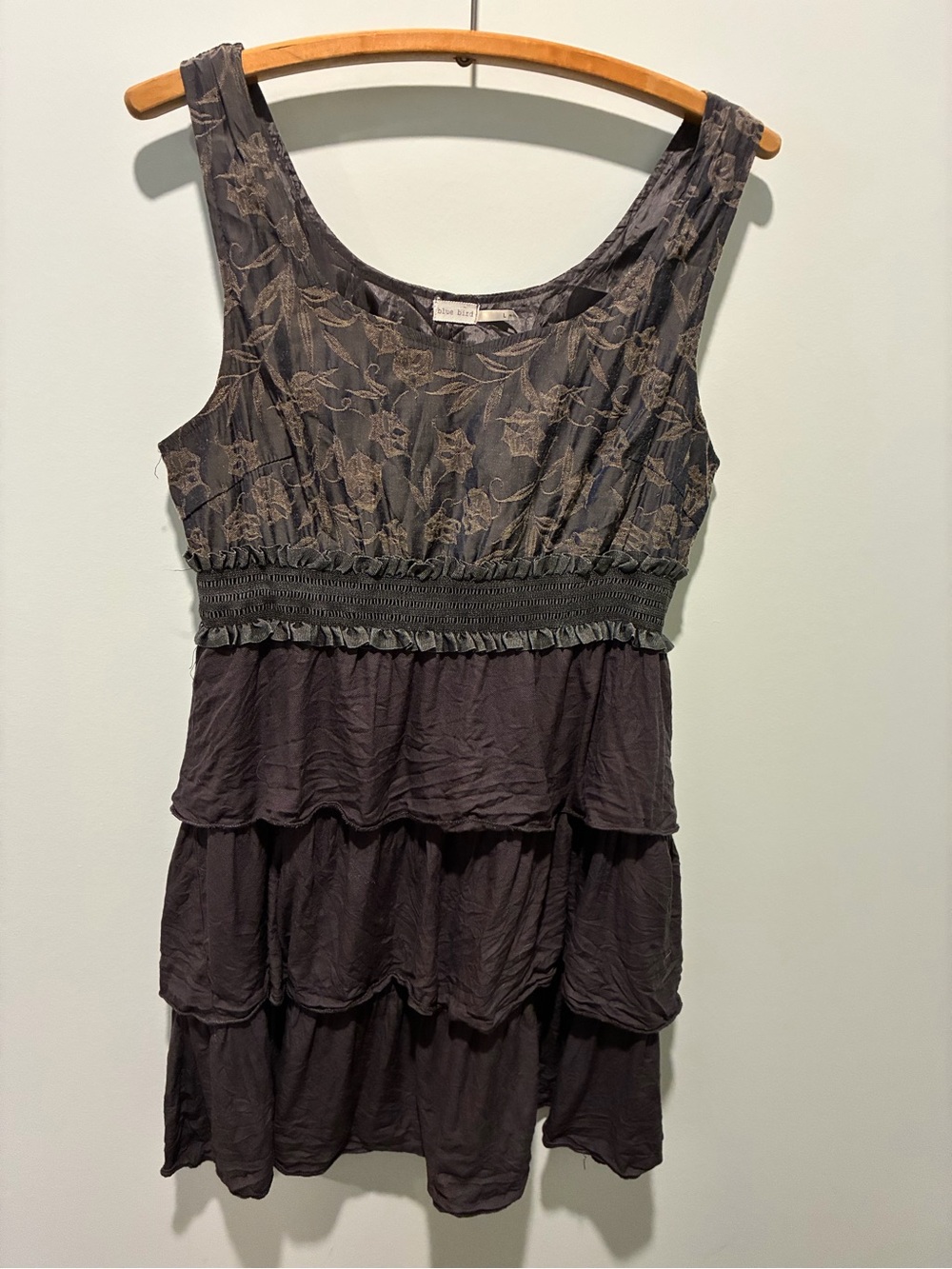 Blue Bird Charcoal Grey Tiered Dress w Lace Bodice Size Large